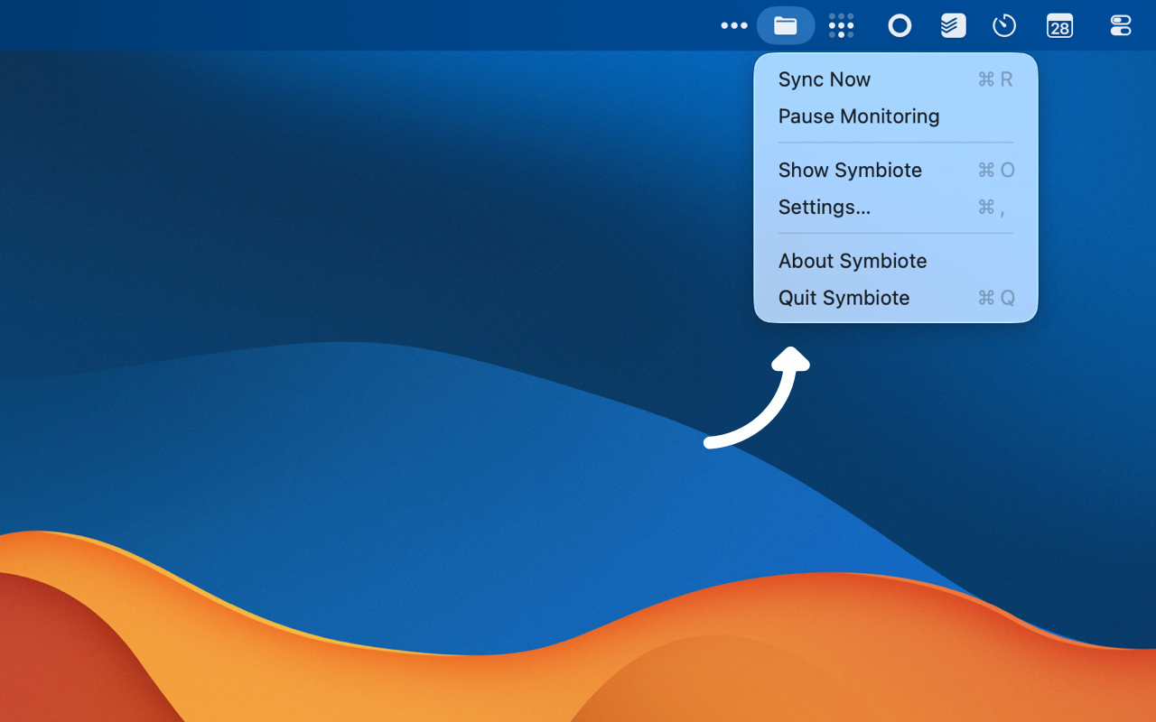 Symbiote menu-bar dropdown with Sync Now, Pause Monitoring, and Settings